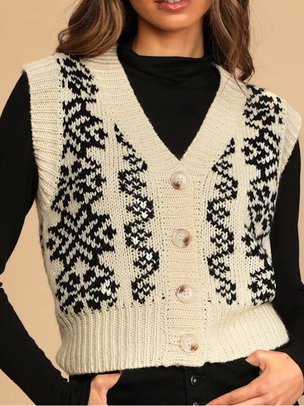 Zara Ivory and Black Fair Isle V-Neck Button Sweater Vest